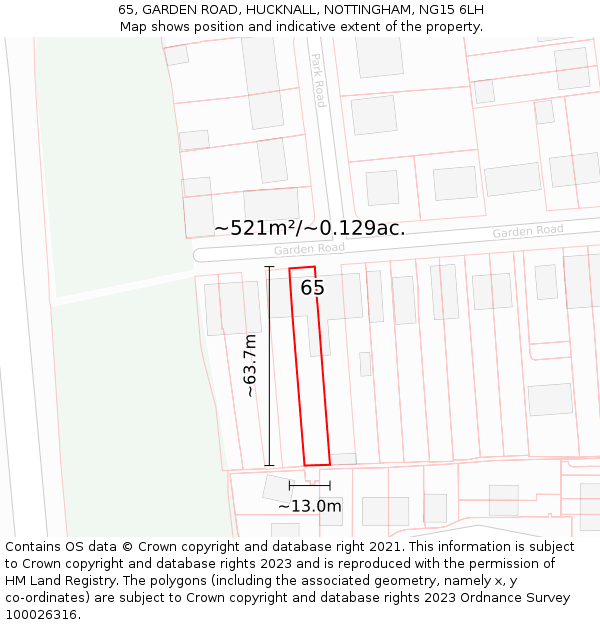 65, GARDEN ROAD, HUCKNALL, NOTTINGHAM, NG15 6LH: Plot and title map
