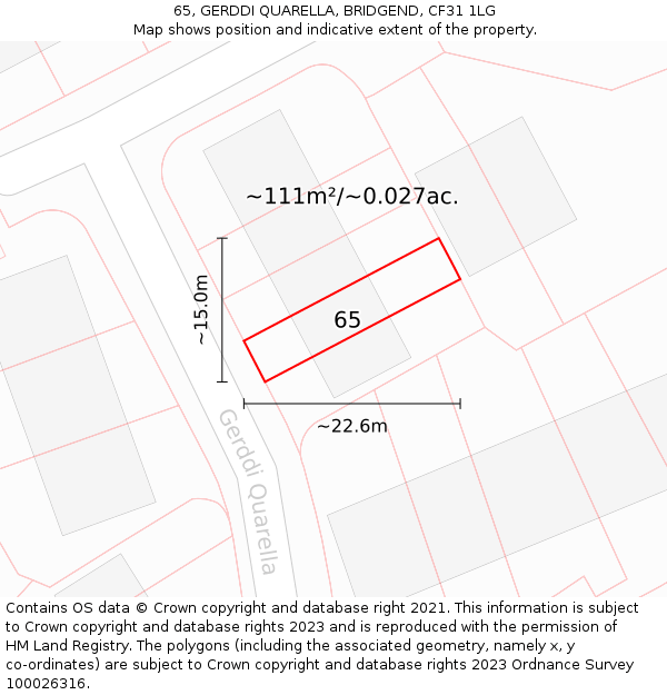 65, GERDDI QUARELLA, BRIDGEND, CF31 1LG: Plot and title map