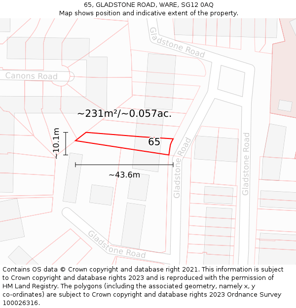 65, GLADSTONE ROAD, WARE, SG12 0AQ: Plot and title map