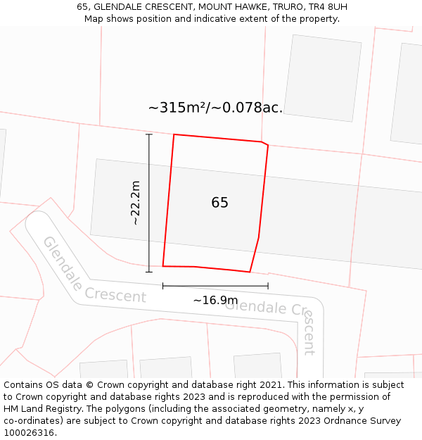 65, GLENDALE CRESCENT, MOUNT HAWKE, TRURO, TR4 8UH: Plot and title map
