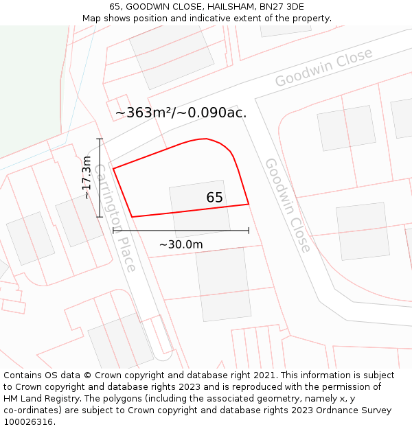 65, GOODWIN CLOSE, HAILSHAM, BN27 3DE: Plot and title map