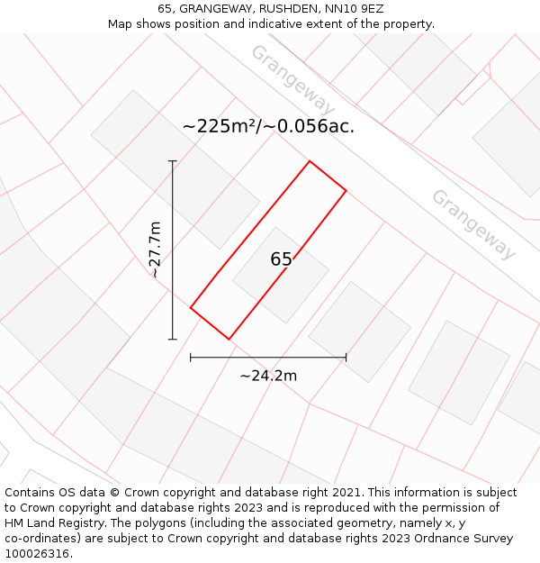 65, GRANGEWAY, RUSHDEN, NN10 9EZ: Plot and title map