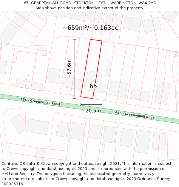65, GRAPPENHALL ROAD, STOCKTON HEATH, WARRINGTON, WA4 2AR: Plot and title map