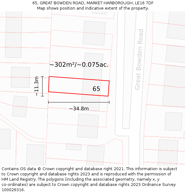 65, GREAT BOWDEN ROAD, MARKET HARBOROUGH, LE16 7DF: Plot and title map