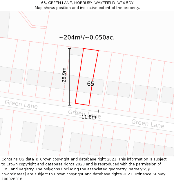 65, GREEN LANE, HORBURY, WAKEFIELD, WF4 5DY: Plot and title map
