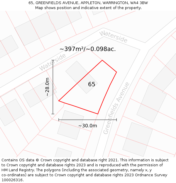 65, GREENFIELDS AVENUE, APPLETON, WARRINGTON, WA4 3BW: Plot and title map