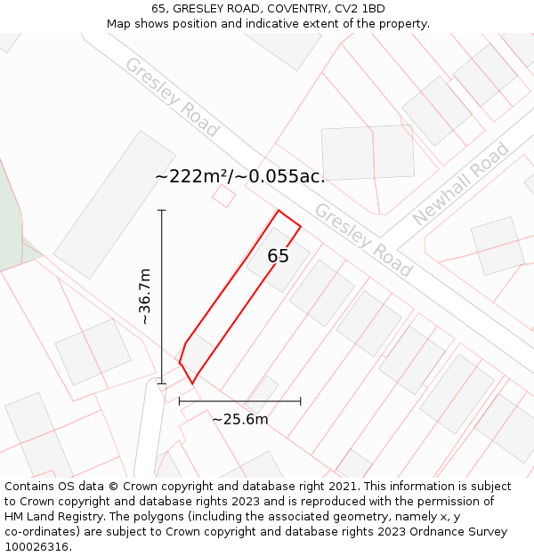 65, GRESLEY ROAD, COVENTRY, CV2 1BD: Plot and title map