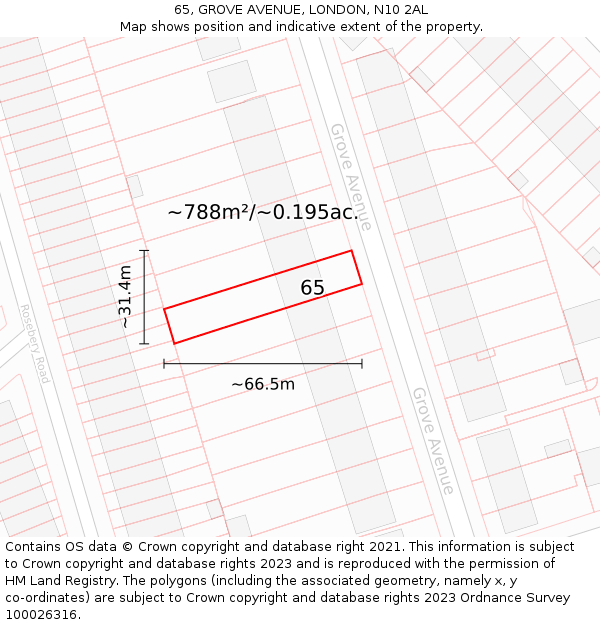 65, GROVE AVENUE, LONDON, N10 2AL: Plot and title map