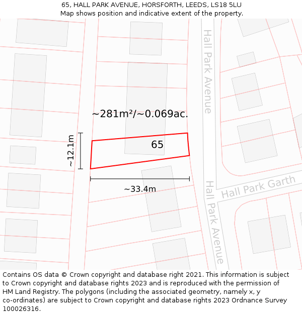 65, HALL PARK AVENUE, HORSFORTH, LEEDS, LS18 5LU: Plot and title map