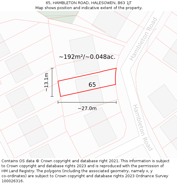 65, HAMBLETON ROAD, HALESOWEN, B63 1JT: Plot and title map