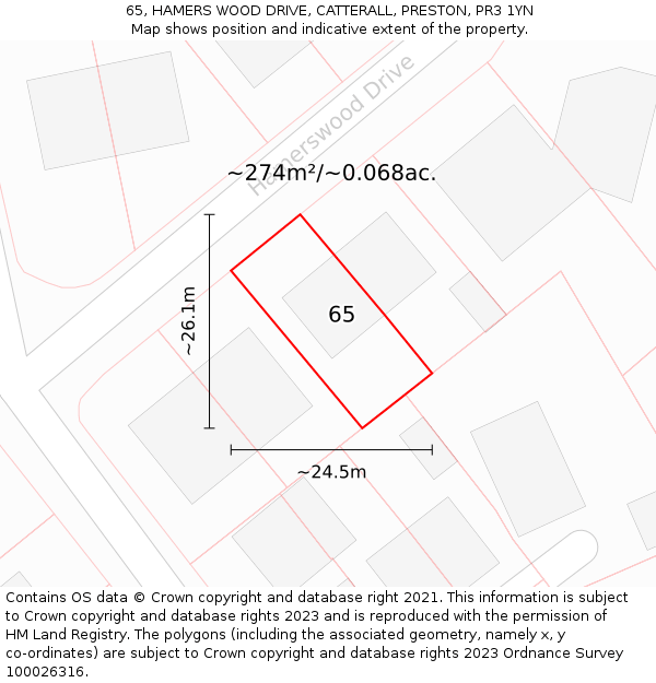 65, HAMERS WOOD DRIVE, CATTERALL, PRESTON, PR3 1YN: Plot and title map