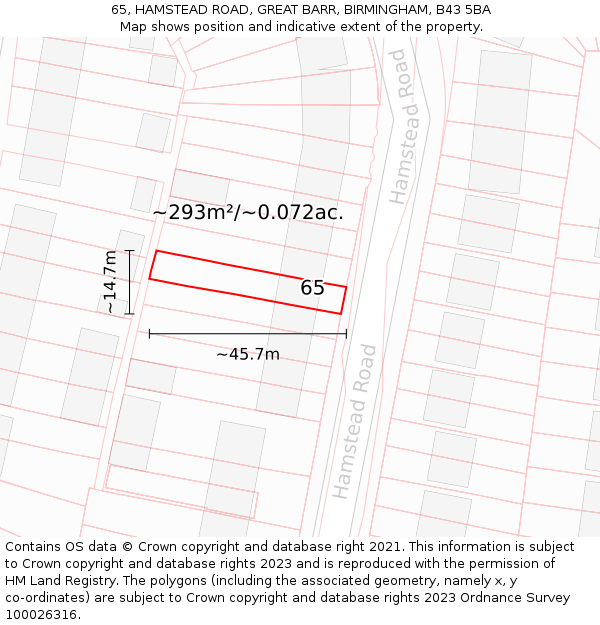 65, HAMSTEAD ROAD, GREAT BARR, BIRMINGHAM, B43 5BA: Plot and title map