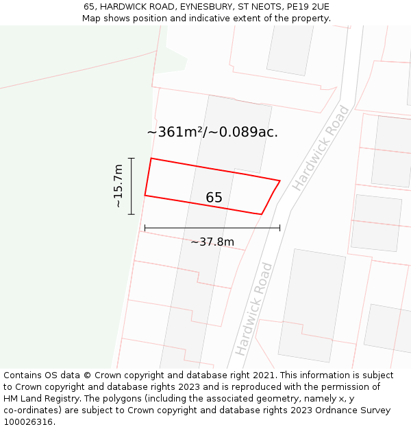 65, HARDWICK ROAD, EYNESBURY, ST NEOTS, PE19 2UE: Plot and title map