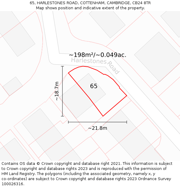 65, HARLESTONES ROAD, COTTENHAM, CAMBRIDGE, CB24 8TR: Plot and title map