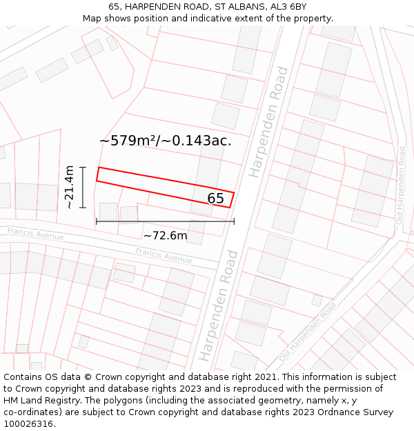 65, HARPENDEN ROAD, ST ALBANS, AL3 6BY: Plot and title map
