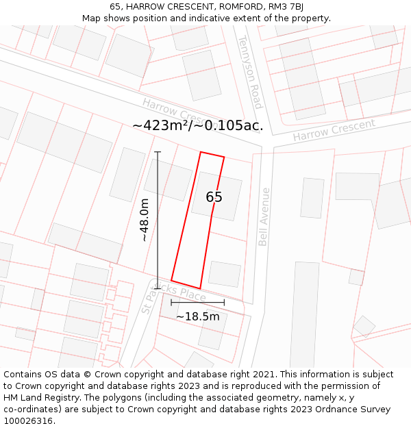 65, HARROW CRESCENT, ROMFORD, RM3 7BJ: Plot and title map