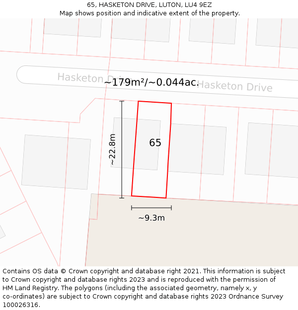 65, HASKETON DRIVE, LUTON, LU4 9EZ: Plot and title map