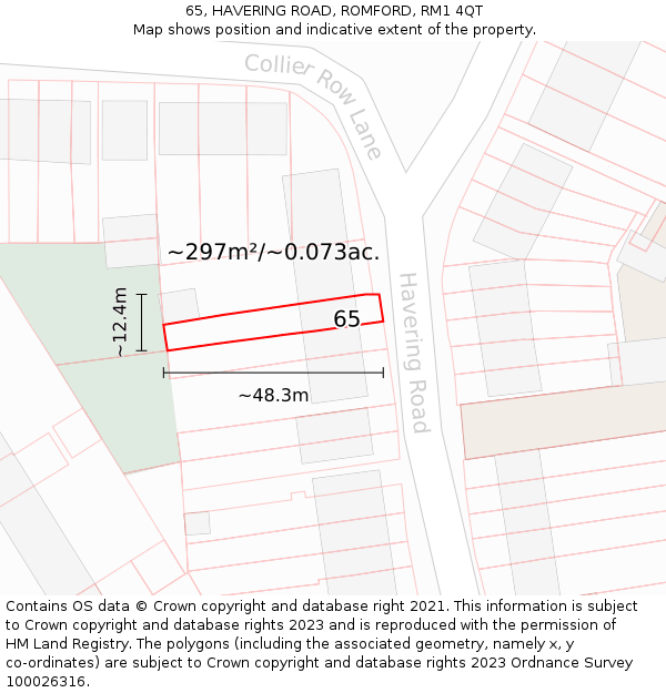 65, HAVERING ROAD, ROMFORD, RM1 4QT: Plot and title map