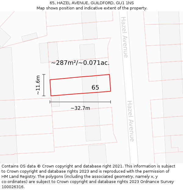 65, HAZEL AVENUE, GUILDFORD, GU1 1NS: Plot and title map