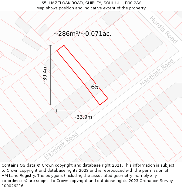 65, HAZELOAK ROAD, SHIRLEY, SOLIHULL, B90 2AY: Plot and title map