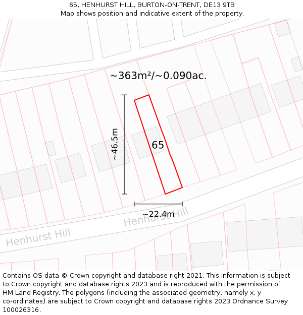 65, HENHURST HILL, BURTON-ON-TRENT, DE13 9TB: Plot and title map