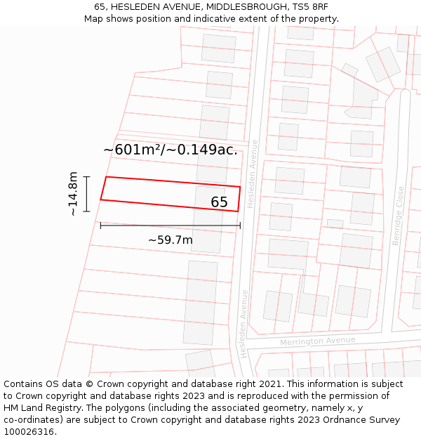 65, HESLEDEN AVENUE, MIDDLESBROUGH, TS5 8RF: Plot and title map