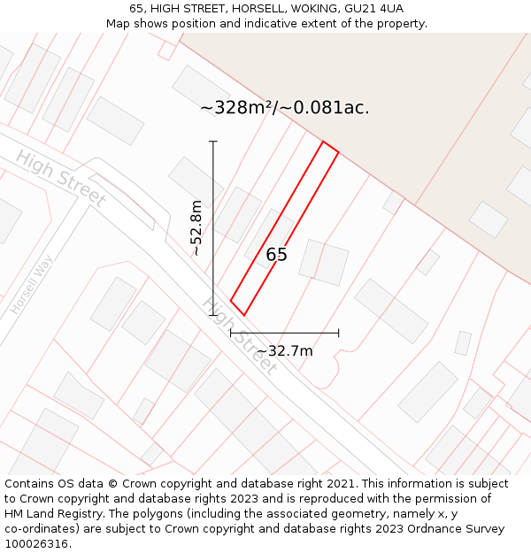 65, HIGH STREET, HORSELL, WOKING, GU21 4UA: Plot and title map