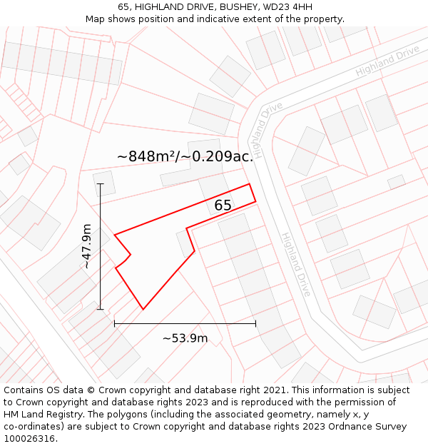 65, HIGHLAND DRIVE, BUSHEY, WD23 4HH: Plot and title map