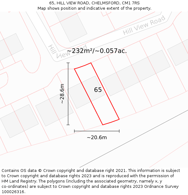 65, HILL VIEW ROAD, CHELMSFORD, CM1 7RS: Plot and title map