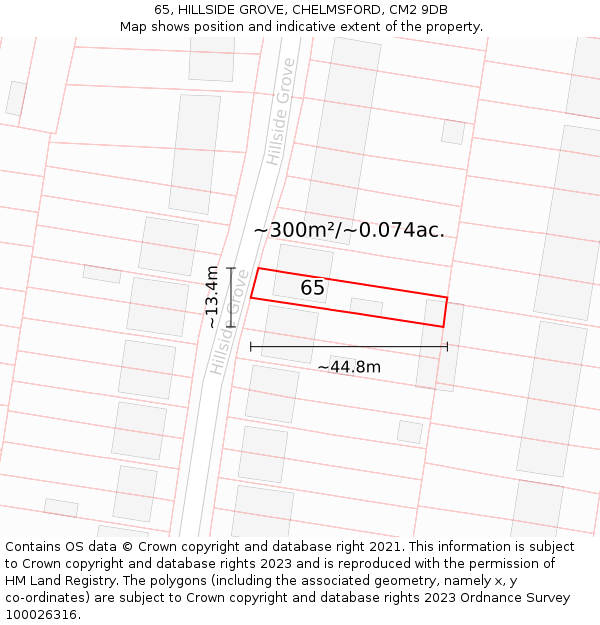 65, HILLSIDE GROVE, CHELMSFORD, CM2 9DB: Plot and title map
