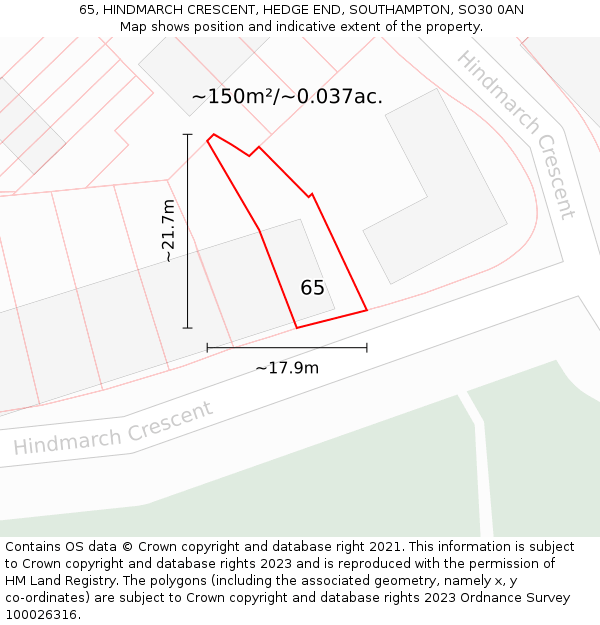 65, HINDMARCH CRESCENT, HEDGE END, SOUTHAMPTON, SO30 0AN: Plot and title map