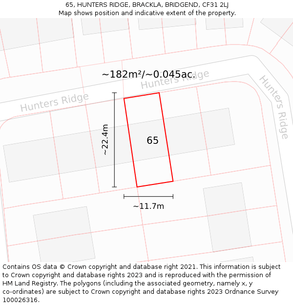 65, HUNTERS RIDGE, BRACKLA, BRIDGEND, CF31 2LJ: Plot and title map