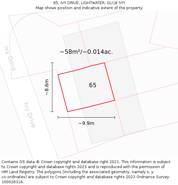 65, IVY DRIVE, LIGHTWATER, GU18 5YY: Plot and title map