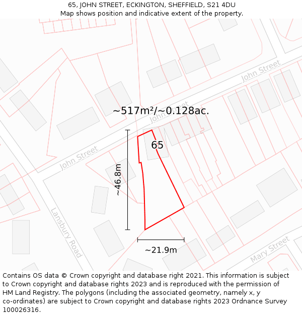 65, JOHN STREET, ECKINGTON, SHEFFIELD, S21 4DU: Plot and title map
