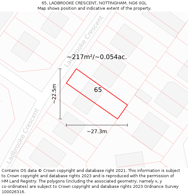 65, LADBROOKE CRESCENT, NOTTINGHAM, NG6 0GL: Plot and title map
