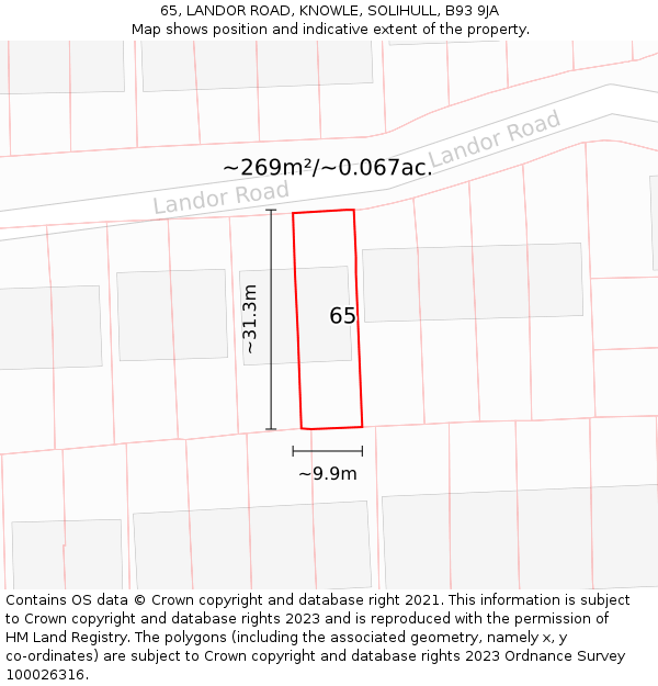 65, LANDOR ROAD, KNOWLE, SOLIHULL, B93 9JA: Plot and title map