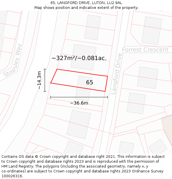 65, LANGFORD DRIVE, LUTON, LU2 9AL: Plot and title map