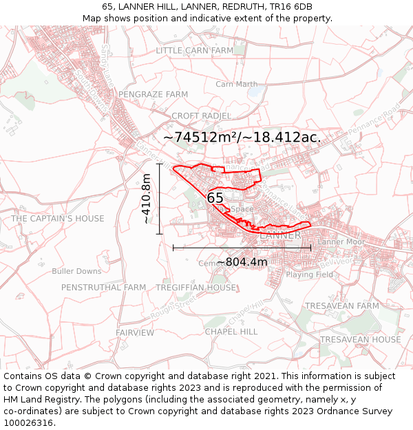 65, LANNER HILL, LANNER, REDRUTH, TR16 6DB: Plot and title map