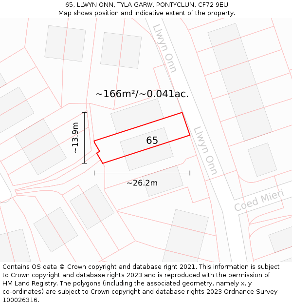 65, LLWYN ONN, TYLA GARW, PONTYCLUN, CF72 9EU: Plot and title map