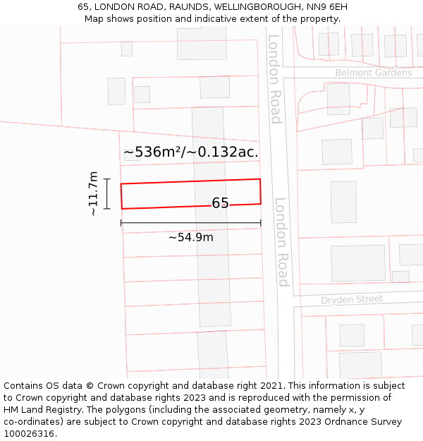 65, LONDON ROAD, RAUNDS, WELLINGBOROUGH, NN9 6EH: Plot and title map
