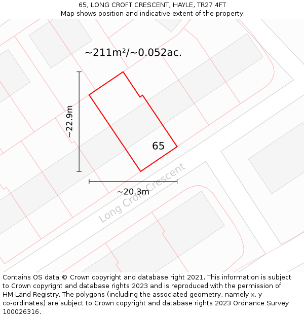 65, LONG CROFT CRESCENT, HAYLE, TR27 4FT: Plot and title map
