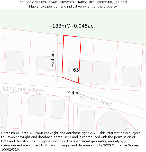 65, LONGBREACH ROAD, KIBWORTH HARCOURT, LEICESTER, LE8 0SQ: Plot and title map