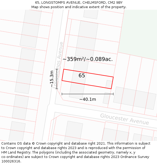 65, LONGSTOMPS AVENUE, CHELMSFORD, CM2 9BY: Plot and title map
