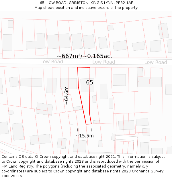 65, LOW ROAD, GRIMSTON, KING'S LYNN, PE32 1AF: Plot and title map