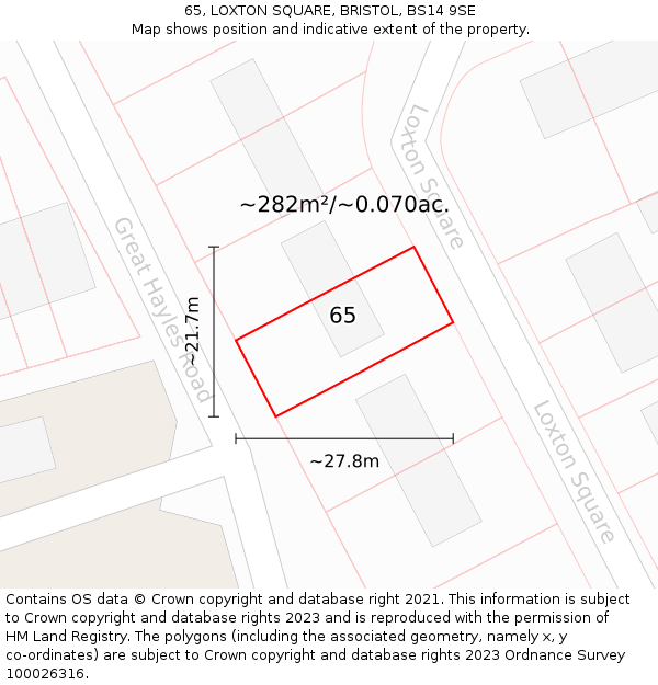 65, LOXTON SQUARE, BRISTOL, BS14 9SE: Plot and title map