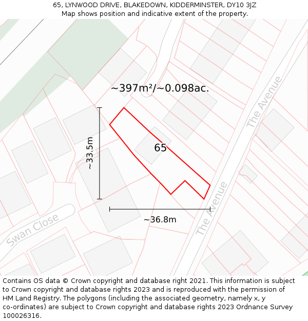 65, LYNWOOD DRIVE, BLAKEDOWN, KIDDERMINSTER, DY10 3JZ: Plot and title map