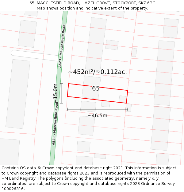 65, MACCLESFIELD ROAD, HAZEL GROVE, STOCKPORT, SK7 6BG: Plot and title map