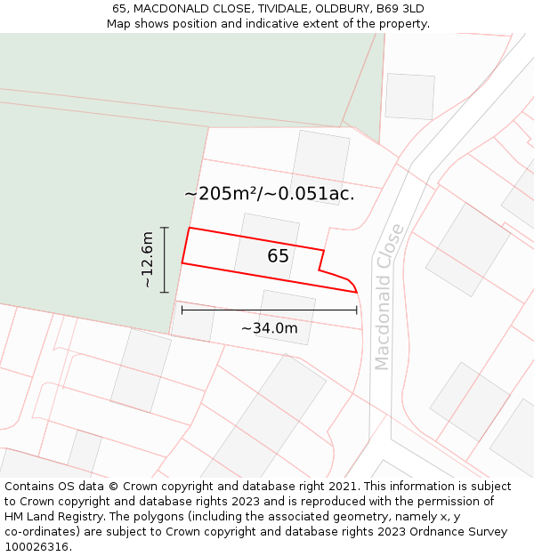 65, MACDONALD CLOSE, TIVIDALE, OLDBURY, B69 3LD: Plot and title map
