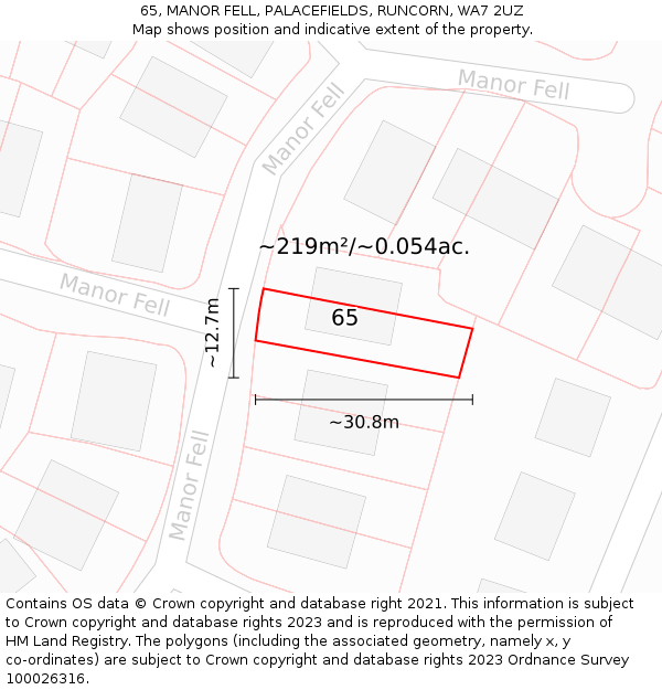65, MANOR FELL, PALACEFIELDS, RUNCORN, WA7 2UZ: Plot and title map