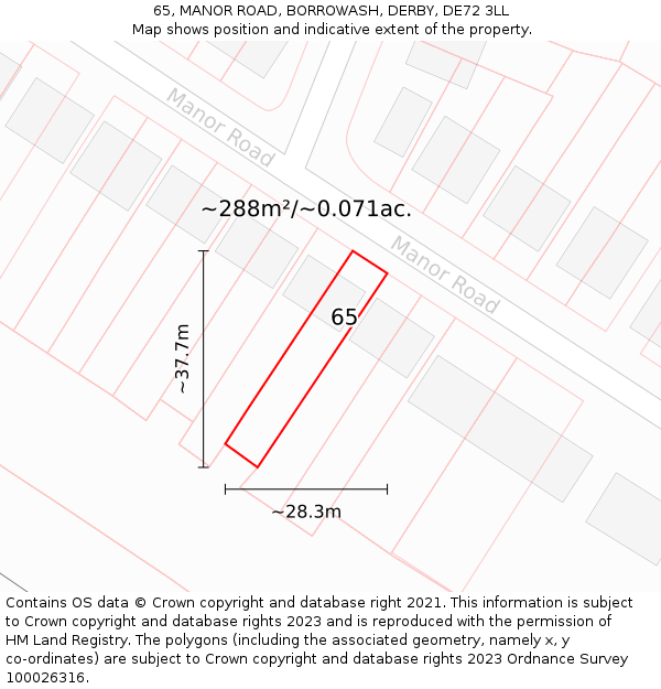 65, MANOR ROAD, BORROWASH, DERBY, DE72 3LL: Plot and title map